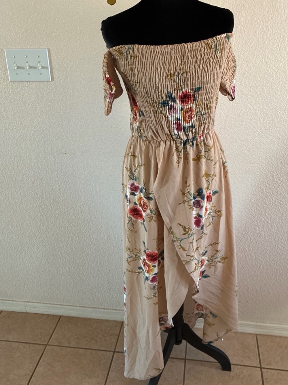 Off-Shoulder Floral Midi Dress in Beige